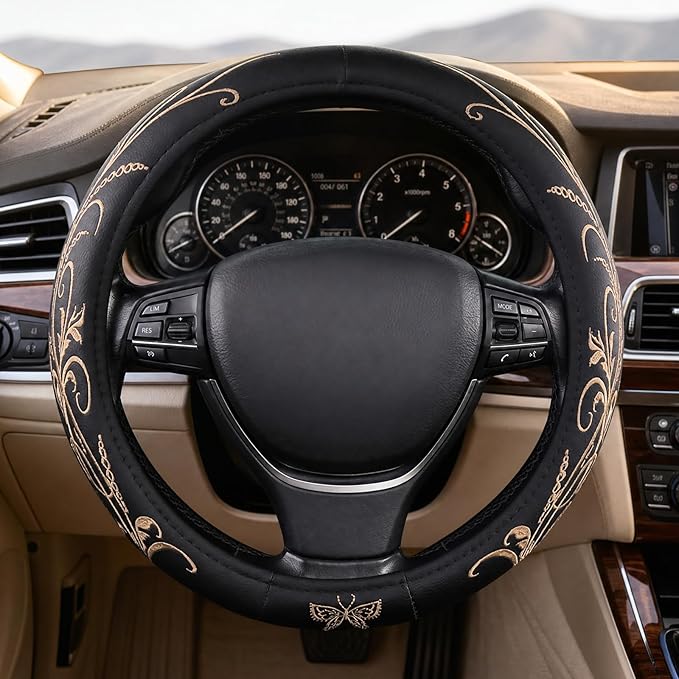 Beige Embroidery Butterfly Car Steering Wheel Cover,14.5-15 Inch Universal Leather Covers Breathable Anti-Slip Odorless Steering Wheels Accessories for Men Women