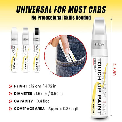Silver Touch Up Paint for Cars, 2-in-1 Brush & Tip, 0.4 fl oz - Universal Car Scratch Repair Pen for Scratches & Scuffs, OEM Color Match, Quick-Dry & Long-Lasting