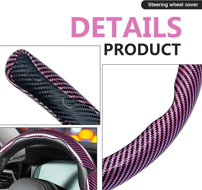3pcs Universal Carbon Fiber Steering Wheel Cover - Anti-Slip & Segmented Design, Universal 99% Durable Steering Wheel Protector for Men and Women, Car Interior Accessory (Pink)