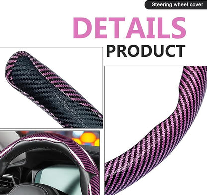 3pcs Universal Carbon Fiber Steering Wheel Cover - Anti-Slip & Segmented Design, Universal 99% Durable Steering Wheel Protector for Men and Women, Car Interior Accessory (Pink)