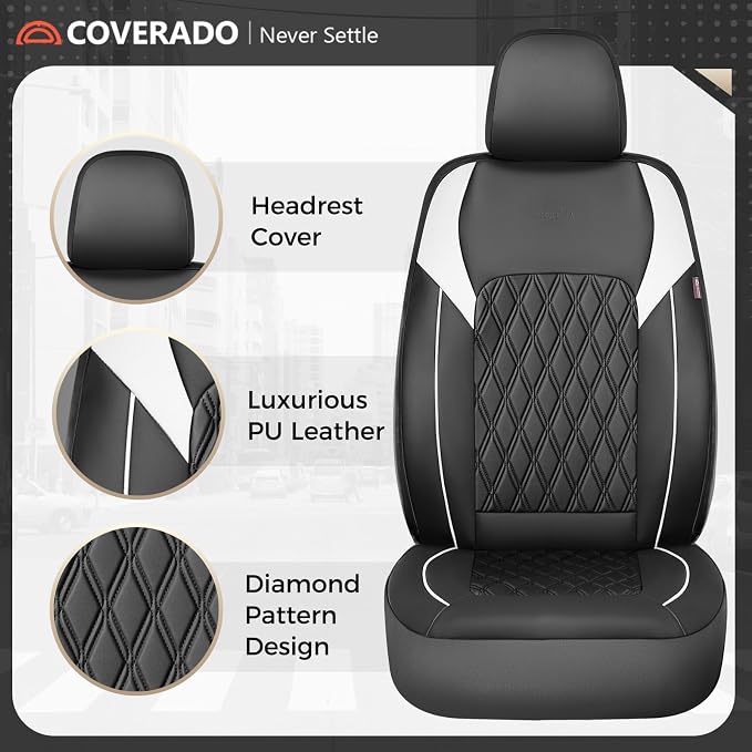 Coverado Car Seat Cover, Car Seat Covers Front Seats, Waterproof Car Seat Covers, Car Seat Cushion, Front Seat Covers Faux Leather Driver Car Seat Protector Fit for Most Cars Trucks SUV, Black&White