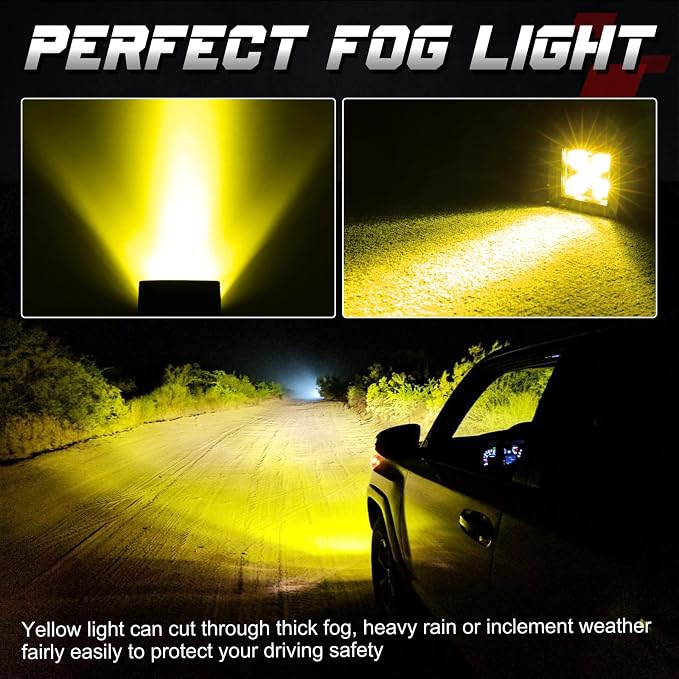 OFFROADTOWN Yellow LED Pods, 100W 2PCS 3 Inch CREE LED Cubes Light Spot Beam Off Road Driving Lights LED Pod Lights Square Led Cubes Yellow Fog Light Ditch Lighting for Trucks UTV ATV SUV Surron Boat