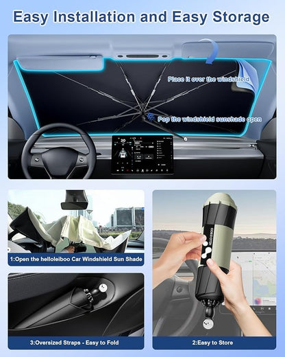 helloleiboo Car Windshield Sun Shade Umbrella 57" x 32", Windshield Sun Shade Foldable with 5-Layer Thickened Vinyl Coating Reflective Heat & UV Protection Fits Most Sedans & Compact SUVs