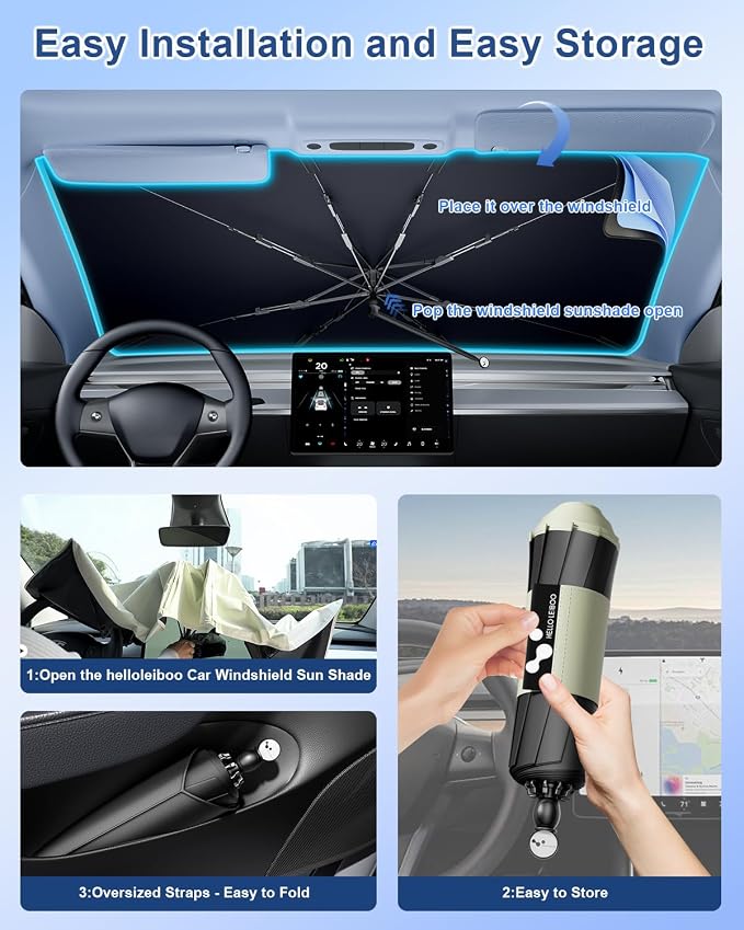 helloleiboo [2025 Upgraded] Car Windshield Sun Shade Umbrella 61"x 34" Windshield Sun Shade Foldable 5-Layer Thickened Vinyl Coating Reflective Polyester Blocks Heat & UV Rays for Large Car Truck SUV