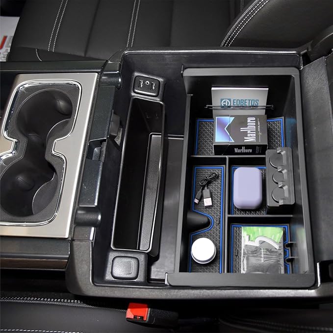 EDBETOS Center Console Organizer Tray Compatible with GMC Sierra 1500 Accessories/Silverado 1500 2014-2018 / Silverado 2500/3500 HD 15-19 /Suburban/Tahoe/Yukon 15-20 Armrest Storage Box (Blue Trim)