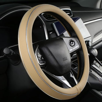 ALEMODR Buff Leather Steering Wheel Cover Fiber Strip Car Steering Wheel Cover Universal 15 inch