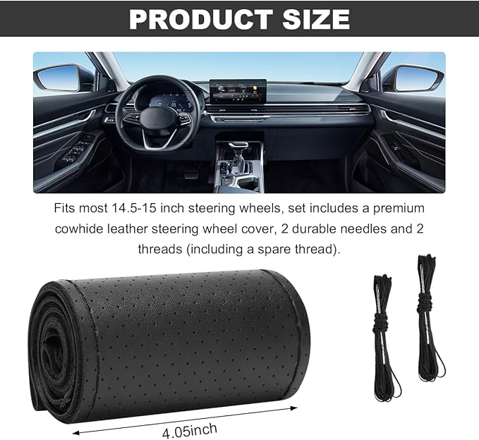 Wevdn Genuine Leather Steering Wheel Cover, Stitch on Wrap, DIY Sewing Steering Wheel Protector, 15 Inch Breathable Non-Slip Steering Wheel Protector, Car Accessories (Black, Full Hole)