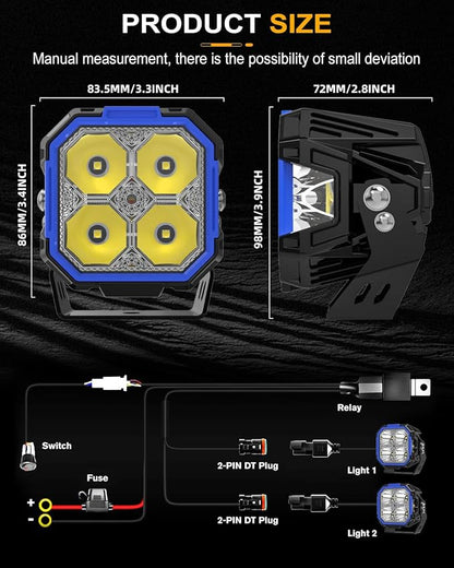 CO LIGHT 3 Inch 10300LM Cube Pods 210° Wide-Angle Yellow/White DRL Offroad Multi-Use for Trucks 4x4 ATV Motorcycle Spot Work Driving Fog Beams