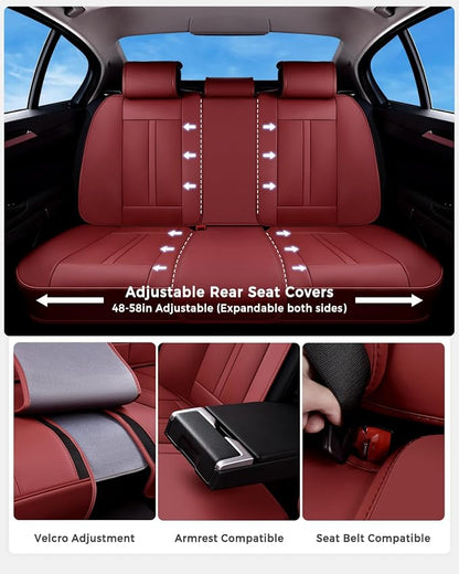 Huidasource Red Seat Covers Luxury Nappa Leather, Car Seat Covers with Velcro Adjustable, Airbag, Lumbar Support, Cooling ＆ Heating, Automotive Seat Covers Universal Fit for Most Cars SUV Trucks, Red