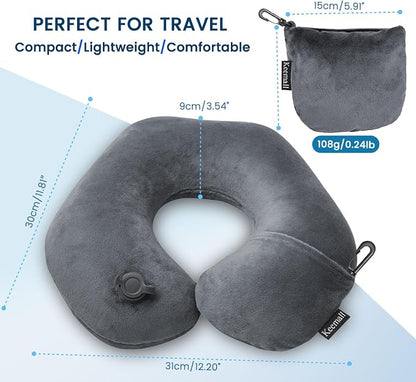 Keemall Inflatable Travel Neck Pillow, Super Soft Plane Neck Support Pillow for Travel Ariplane Sleep Support, Adjustable Neck Cushion Headrest Pillow, Folds Up Nicely, Black Grey