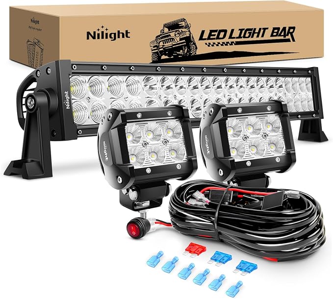 Nilight - ZH004 22Inch 120W Spot Flood Combo Led Light Bar 2PCS 4Inch 18W Flood LED Pods Fog Lights with 16AWG Wiring Harness Kit-2 Leads,2 Years Warranty