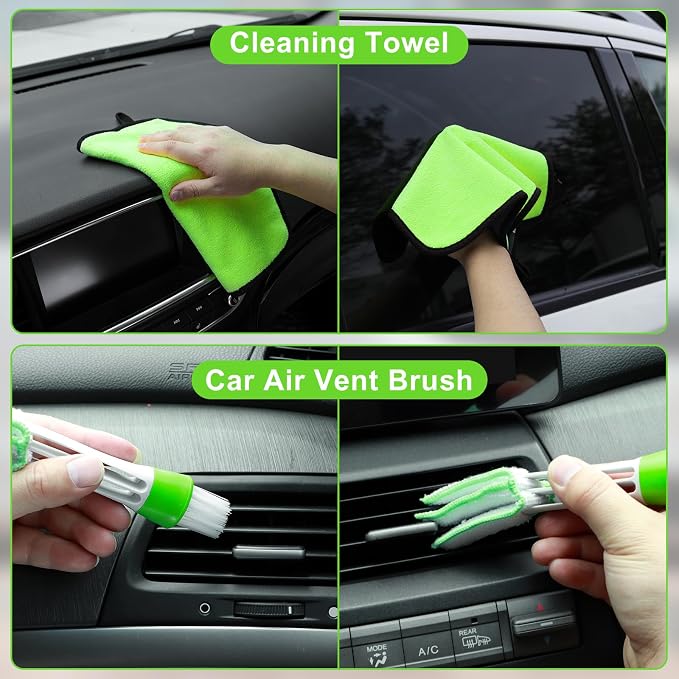 Green Windshield Cleaner Tool, 17Pcs Car Interior Cleaning Kit, Detailing Kit Interior Cleaner, Car Detailing Brushes, Cleaning Gel, Inside Cleaning Accessories for Trucks, SUVs, RVs Window