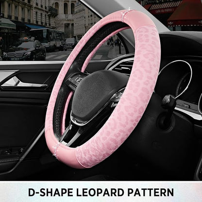 Road Comforts Leopard Steering Wheel Cover for Women, Cute Anti-Slip Microfiber Leather, Fits D Shape Flat Bottom Steering Wheel 14.5-15 Inch - Pink and Pink Leapoard