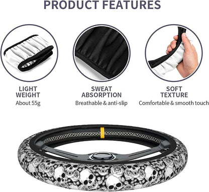 Skull Steering Wheel Cover Non Slip Black and White Neoprene Steering Wheel Protector Covers Universal 15 inch for Women Men Car Accessories