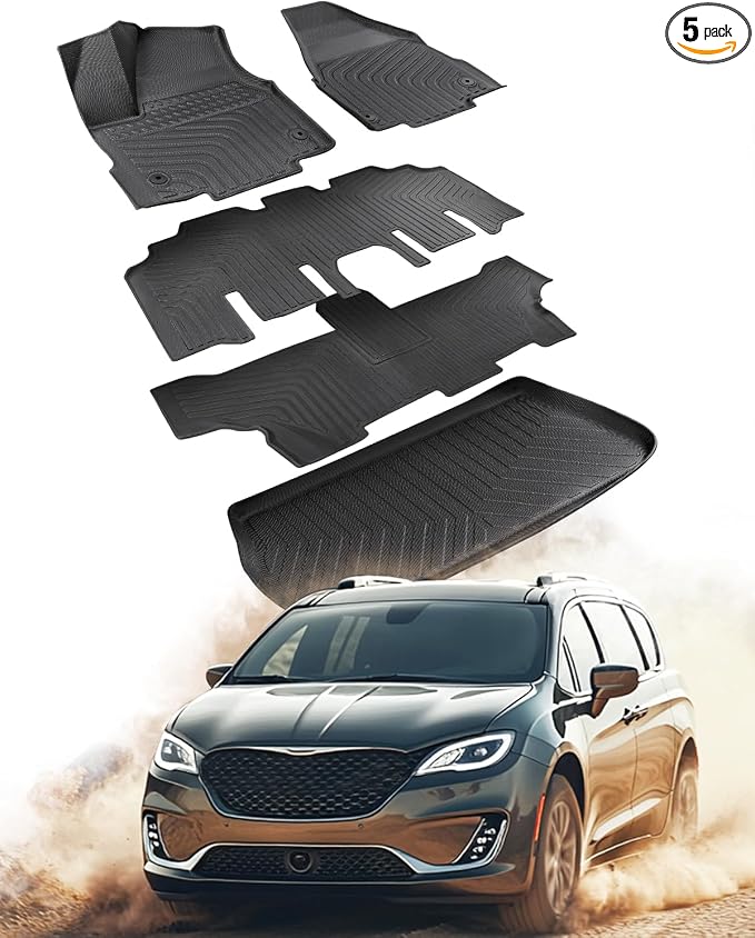 Floor Mats for Chrysler Pacifica & for Voyager 2017-2025 2026 7/8 Seats (Gas Only) Car Accessories with Cargo Liner Trunk, TPE Rubber Weather Carpets for Chrysler 2024 2023 2022 2021 2019 2018