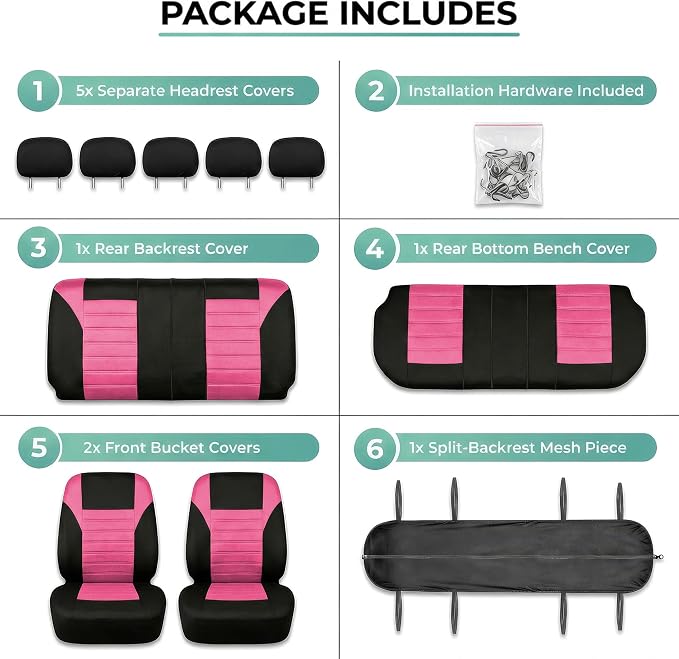 FH Group Automotive Car Seat Covers Full Set Premium 3D Air Mesh Front Seat Covers, Airbag Compatible & Split Bench Cover Universal Fit Interior Accessories for Cars Trucks and SUVs - Pink