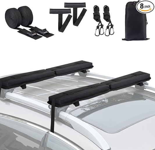 Universal Soft Roof Rack Pads 30“ Luggage Carrier System for Kayak,Surfboard, SUP, Canoe, Snowboard with 2 Tie Down Straps, 2 Tie Down Ropes, 2 Hood Loops and Storage Bag(Black)