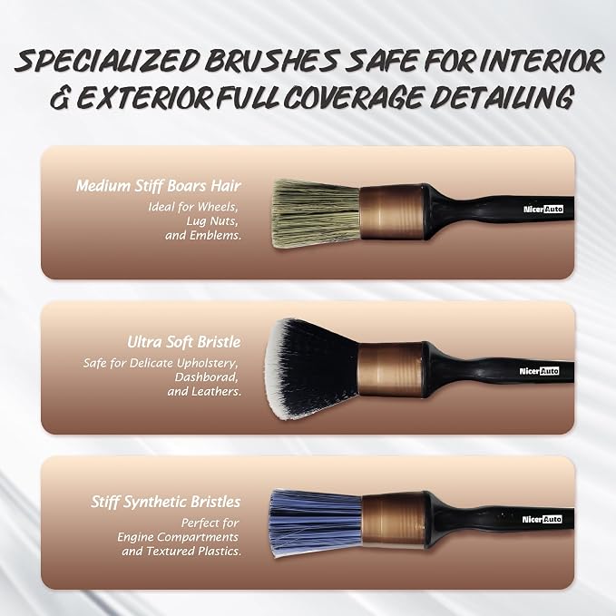 8PCS Professional Car Detailing Brush Set, Boars Hair & Ultra Soft Auto Detailing Brushes for Car Interior Exterior Deep Cleaning, Detail Brush Kit for Wheels Leather Air Vents Dusting, Gold