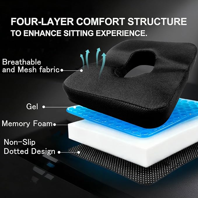 Donut Pillow for Tailbone Pain&Hemorrhoid,Wheelchair Seat Cushion for tailbone pain relief,Gel Cushions for Pressure Relief,Memory Foam Pad for Office Chair,Stands& Stadium Seat Cushion(Black)