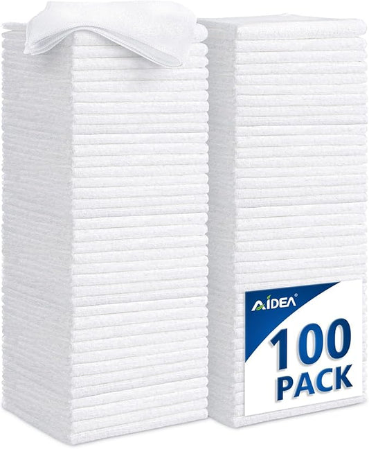 AIDEA Microfiber Cleaning Cloth White-100PK, Absorbent Cleaning Rags, Commercial Shop Rags Lint-Free, Scratch-Free, White Microfiber Towels for Cars, Kitchen Towels White 12in x 12in