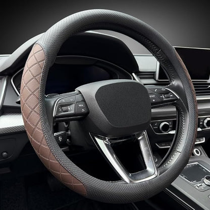 LKWLIKEI Nappa Leather Steering Wheel Cover,Elegant Diamond Checkered Design, Non-Slip wear-Resistant, Enhance Driving Comfort, Suitable for Steering Wheel Diameter 14 1/2‘-15’ Models.Black Brown