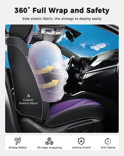 Huidasource Universal Car Seat Cover, Luxury Faux Leather Car Seat Cover Set Velcro Adjustable with Airbags, Thinning Design Perforation Cooling＆Heating Fit for Most Cars Vans Trucks SUVs Black&Purple