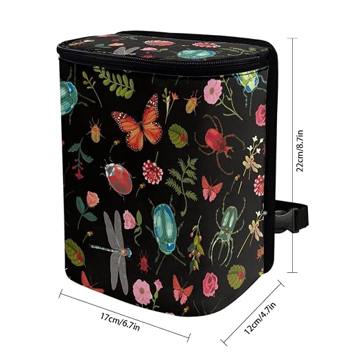 Car Trash Can with Lid and Zipper Cottagecore Insect Butterfly Dragon Beetle Print Collapsible Trash Bin Hanging Back of Seat Multipurpose Garbage Can for Women Storage Bag Organizer