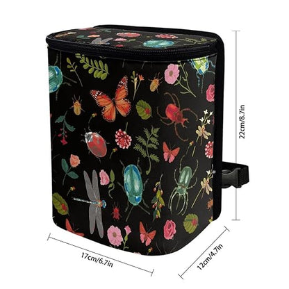 Car Trash Can with Lid and Zipper Cottagecore Insect Butterfly Dragon Beetle Print Collapsible Trash Bin Hanging Back of Seat Multipurpose Garbage Can for Women Storage Bag Organizer