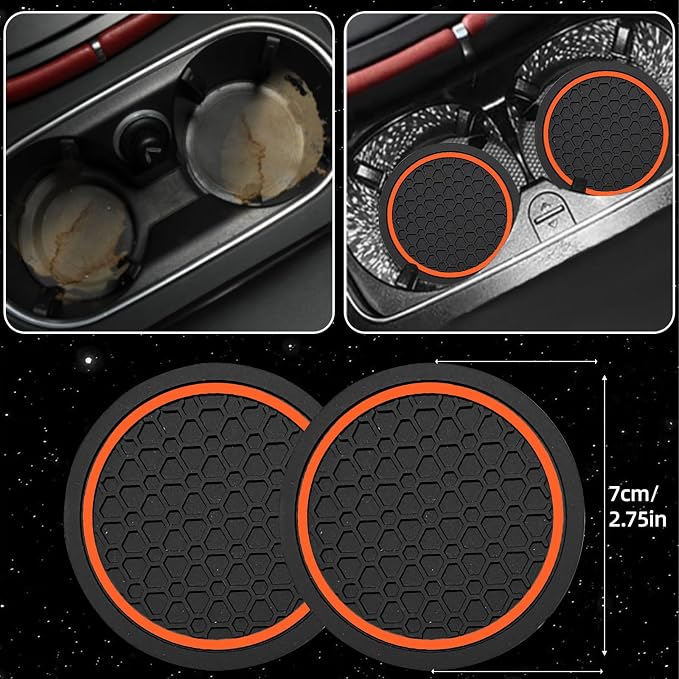 NBTEPEM 6 Pcs Orange Car Accessories Set, Sport Leather Steering Wheel Cover 14.5-15inch Universal, Microfiber Leather Car Center Console Cover, Seat Belt Cushion, Cup Holder Coaster (Black-Orange)