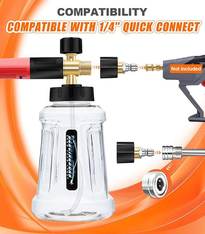 Foam Cannon For Pressure Washer, Car Wash Spray Gun with M22 and 1/4 Inch Quick Connector, 1L Bottle Foam Lance, Car Wash Foam Cannon Compatible With Most Pressure Washer (3600PSI, Red)