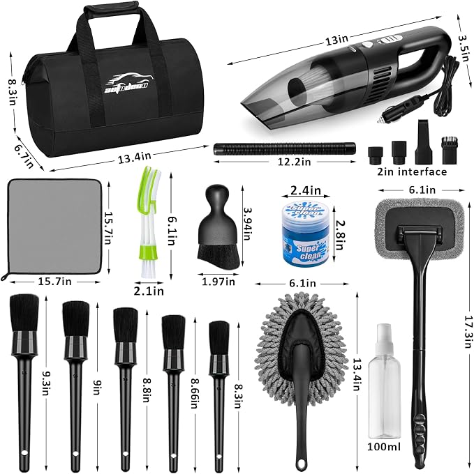 Car Cleaning Kit, Car Vacuum Interior Detailing Cleaner Kit with High Power Handheld Vacuum, Brush Set, Windshield Tool, Duster, Towels, Complete Car Care Tools for Women (Black)