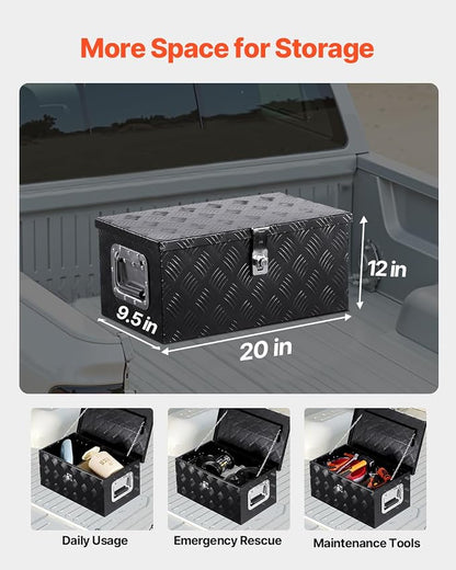 VEVOR Heavy Duty Aluminum Truck Bed Tool Box, Stripes Plated Tool Box with Side Handle and Lock Keys, Storage Toolbox Chest Organizer for Trailer, Pickup, Truck Bed, RV, 20"x12"x9.5", Black