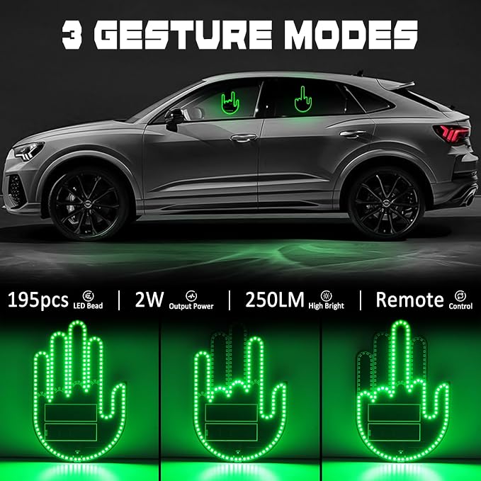 DIBMS Car Gesture Decorative Lights, Ambient Lighting, Rechargeable LED Gesture Lights for Car Road Rage LED Signs Calm Road Rage, Remote Control Triple Mode Fun Finger Lights (Green)