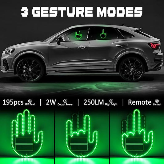 DIBMS Car Gesture Decorative Lights, Ambient Lighting, Rechargeable LED Gesture Lights for Car Road Rage LED Signs Calm Road Rage, Remote Control Triple Mode Fun Finger Lights (Green)