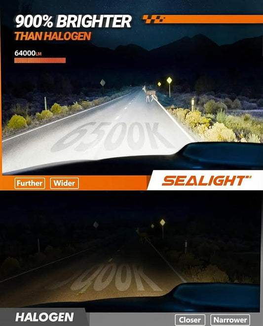 SEALIGHT H7 Bulbs, 64,000LM 900% Brightness H7 Light Bulbs, 6500K Cool White Bulbs with 15000RPM Fan, Plug and Play ATV/UTV, 10-Year Extended Lifespan IP68 Waterproof, Pack of 2