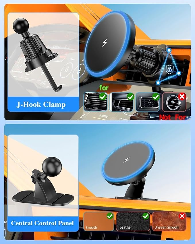 MagSafe Car Mount Charger, 3 in 1 [LED RGB HandsFree] Wireless Car Charger, Magnetic Phone Holders for Your Car- Fast Charging Car MagSafe Charger for iPhone 17/16/15/14/13/12 Series, for Men Women