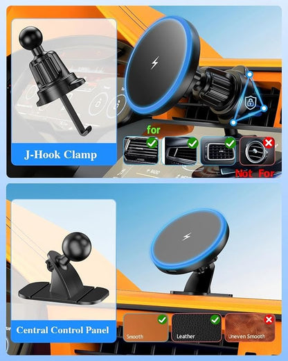 MagSafe Car Mount Charger, 3 in 1 [LED RGB HandsFree] Wireless Car Charger, Magnetic Phone Holders for Your Car- Fast Charging Car MagSafe Charger for iPhone 17/16/15/14/13/12 Series, for Men Women