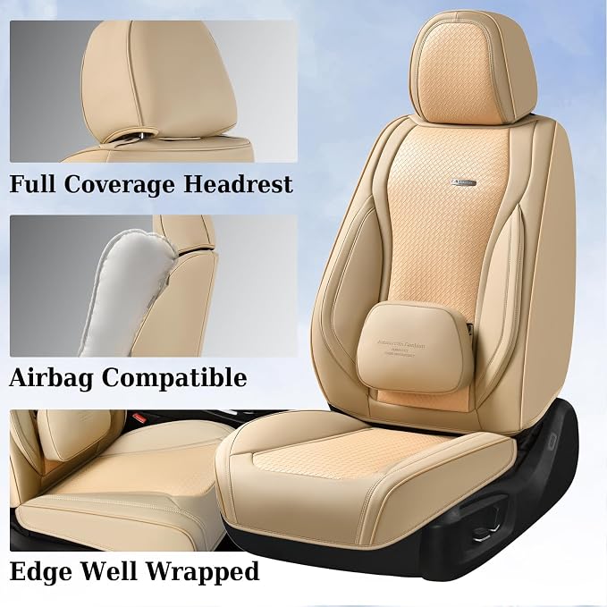 Coverado Car Seat Covers Full Set, Beige Seat Covers for Cars, Waterproof Nappa Leather Automotive Seat Covers with Lumbar Head Pillow, Car Seat Protectors, Universal Fit for Most Cars SUV