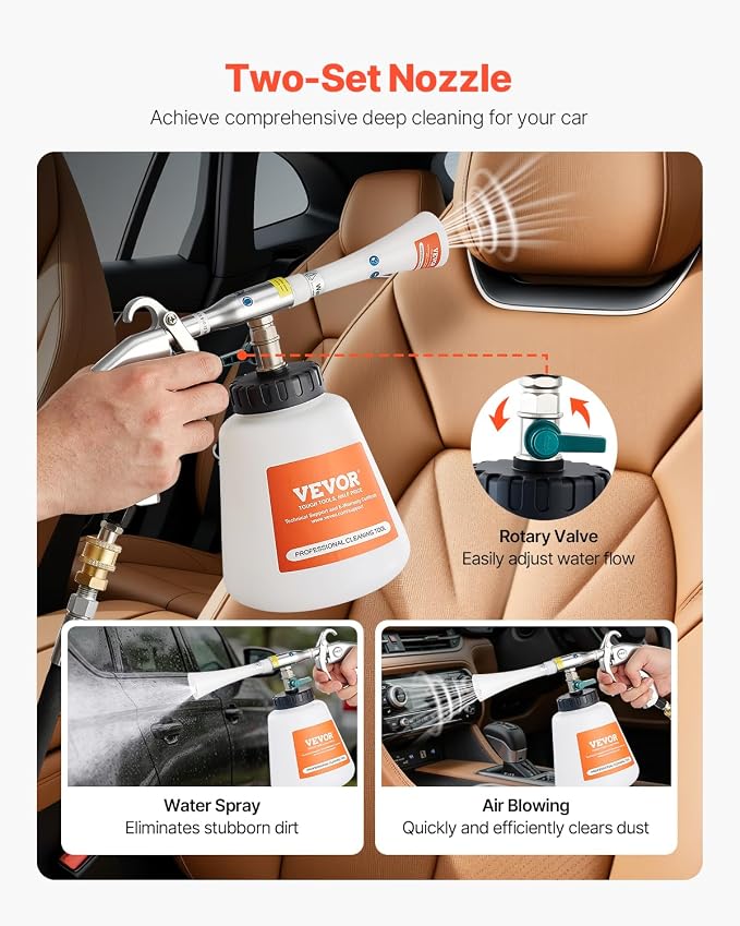 VEVOR Car Cleaning Gun, 6-9.2 Bar High-Pressure Air Blow Gun with 2 Set Nozzles & 1L Liquid Bottle, Vortex Cleaning Gun, Quickly Blasts Dirt and Dust from Surface, Work with 1/4 NPT Air Compressor