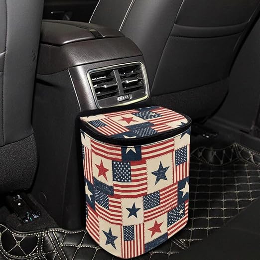 Talayituse American Flag Star Print Car Trash Can Portable Auto Garbage Bin Multifunctional Vehicle Interior Accessories with Adjustable Straps 4th of July Decor Universal Fit Truck SUV Sedan