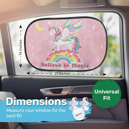 GENANY 2pcs Unicorn Window Sun Shade for Sedan SUV Truck (21x14 Inches), Sun Shades for Side Window, Accessories for Kids, Baby Window Shades, Summer Car Decor