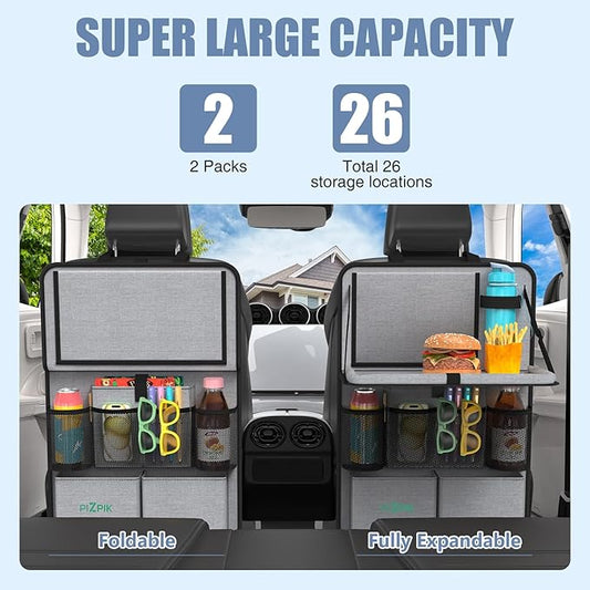 Plzpik Car Backseat Organizer with Tablet Holder,11 Storage Pockets with Foldable Food Tray, Protector Kick Mats for Kids, Travel Accessories Organizer (Gray, 2Pack with Food Tray)