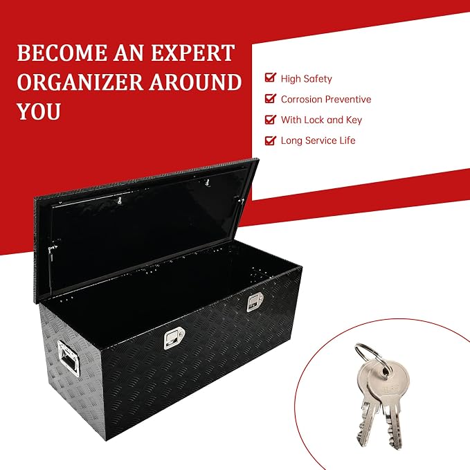 48''Inch Aluminum Truck Tool Box Truck Bed Toolbox Truck Trailer Chest Box Trailer Underbody Storage Organizer Waterproof Square Storage Organizer w/Lock & Keys Black(‎48" x19.5''x17.5'')