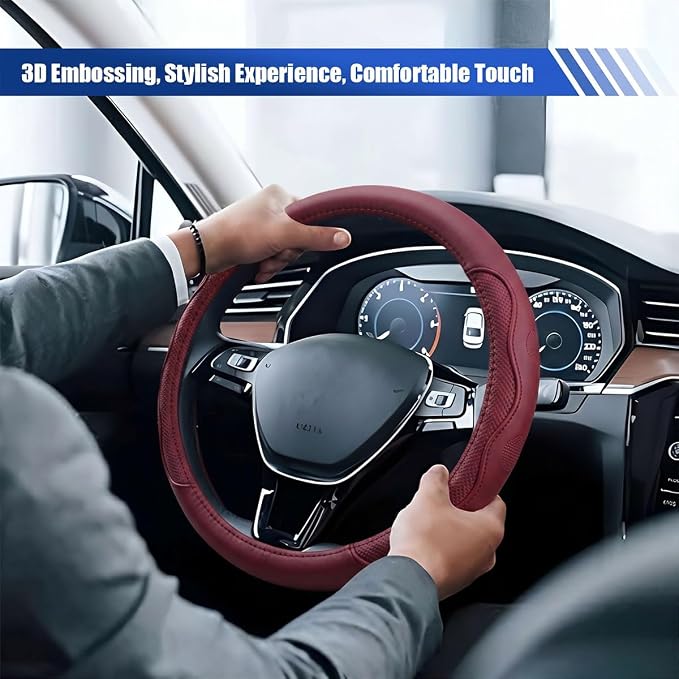 Car Steering Wheel Cover, 15 Inch Leather Anti-Slip Breathable Automotive Steering Wheel Protector, Universal Heat Resistant Vehicle Interior Accessories Cars, SUVs, Trucks (Burgundy)
