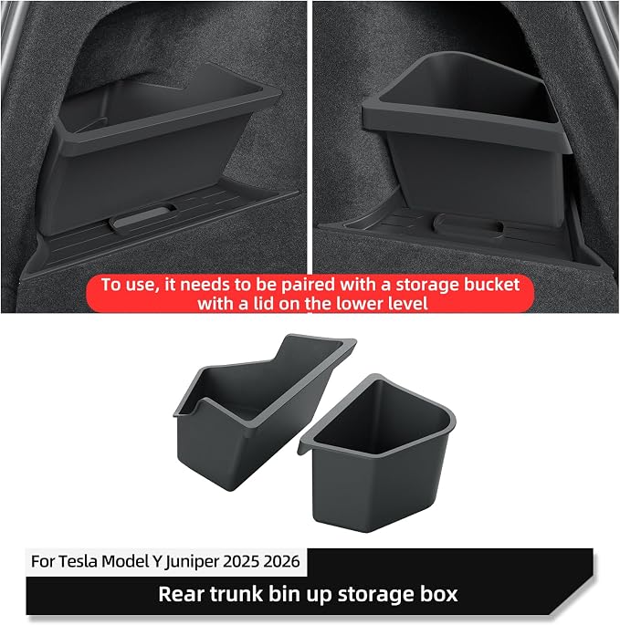 LUCKEASY 2PCS Trunk Corner Up Storage Box for Tesla Model Y Juniper Standard/Premium/Performance 2025 2026 Need Lid Under Box Trunk Storage Bins for Model Y Juniper Accessories TPE Black