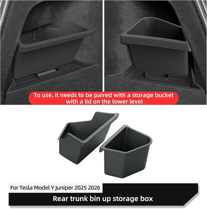 LUCKEASY 2PCS Trunk Corner Up Storage Box for Tesla Model Y Juniper Standard/Premium/Performance 2025 2026 Need Lid Under Box Trunk Storage Bins for Model Y Juniper Accessories TPE Black