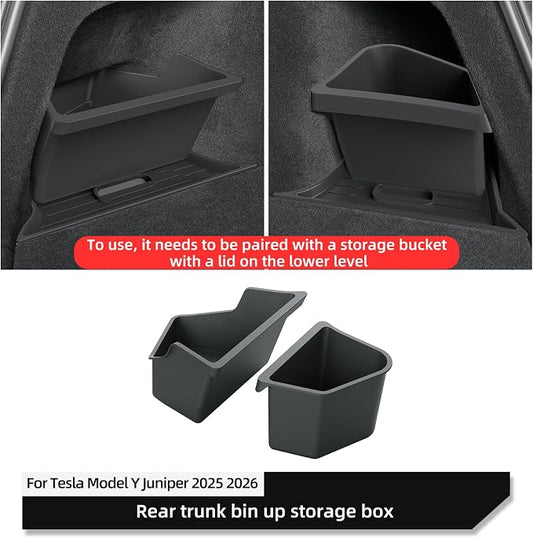 LUCKEASY 2PCS Trunk Corner Up Storage Box for Tesla Model Y Juniper Standard/Premium/Performance 2025 2026 Need Lid Under Box Trunk Storage Bins for Model Y Juniper Accessories TPE Black
