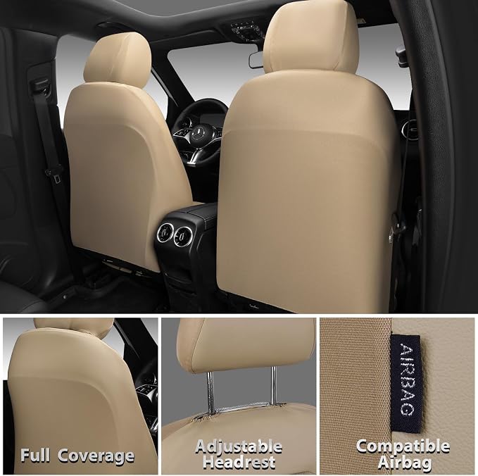 CAR PASS Memory Foam Car Seat Covers,Air Cool Mesh Thick Seat Covers Front Seats,Beige Leather Seat Cover for Car,Universal Automotive Comfort for Most Cars,SUV,Trucks,Airbag Compatible,All Beige