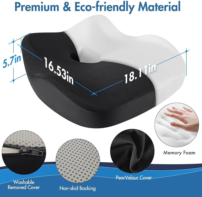 Car Seat Cushion, Ergonomic Memory Foam Car Seat Pad for Sciatica Pain Relief, Larger Driving Seat Cushion for Car Short Drivers on Long Drives - Butt Cushion for Car,Truck, Office - Black