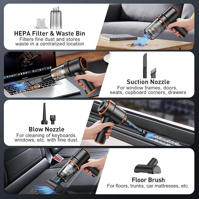 KMM Handheld Car Vacuum Cleaner, 9000PA Vacuum Cleaner & Air Duster, 120W High Power Vacuum Portable Cordless, Hand Held Vacuum Rechargeable with Multi-Nozzles & LED Light for Home, Car, Office